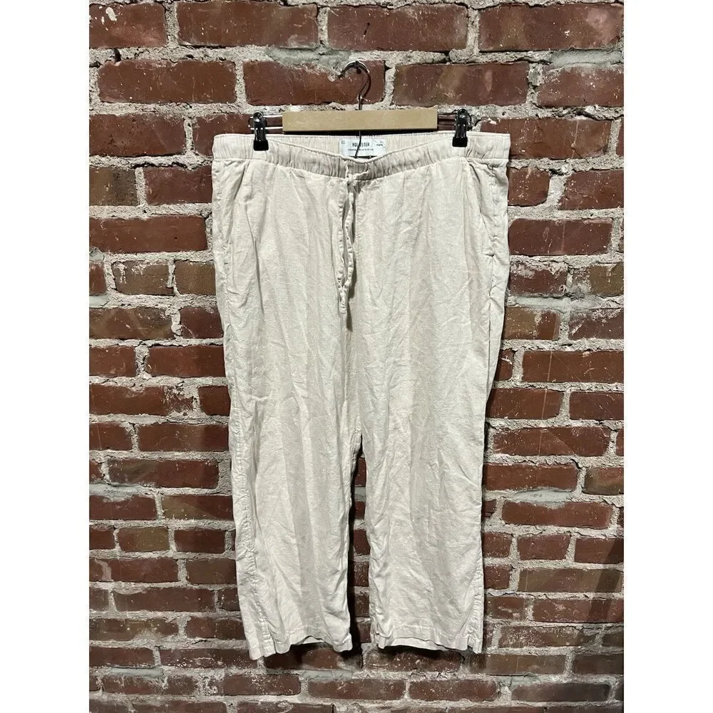 Hollister Womens Beige Linen Adjustable Hi Rise Wide Leg Pants Size XL